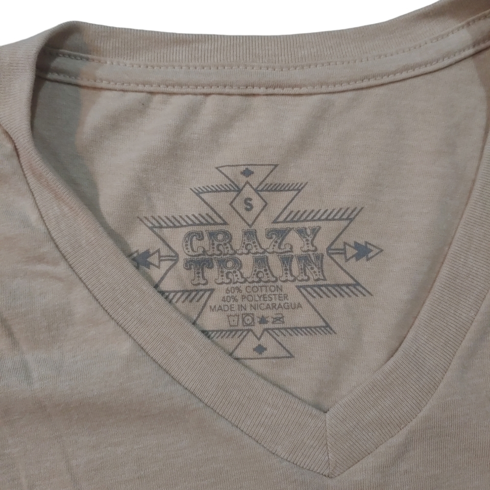 CRAZY TRAIN Cactus Cross Speckled Tan Women's Vneck Graphic Tee Size Small - Picture 4 of 6
